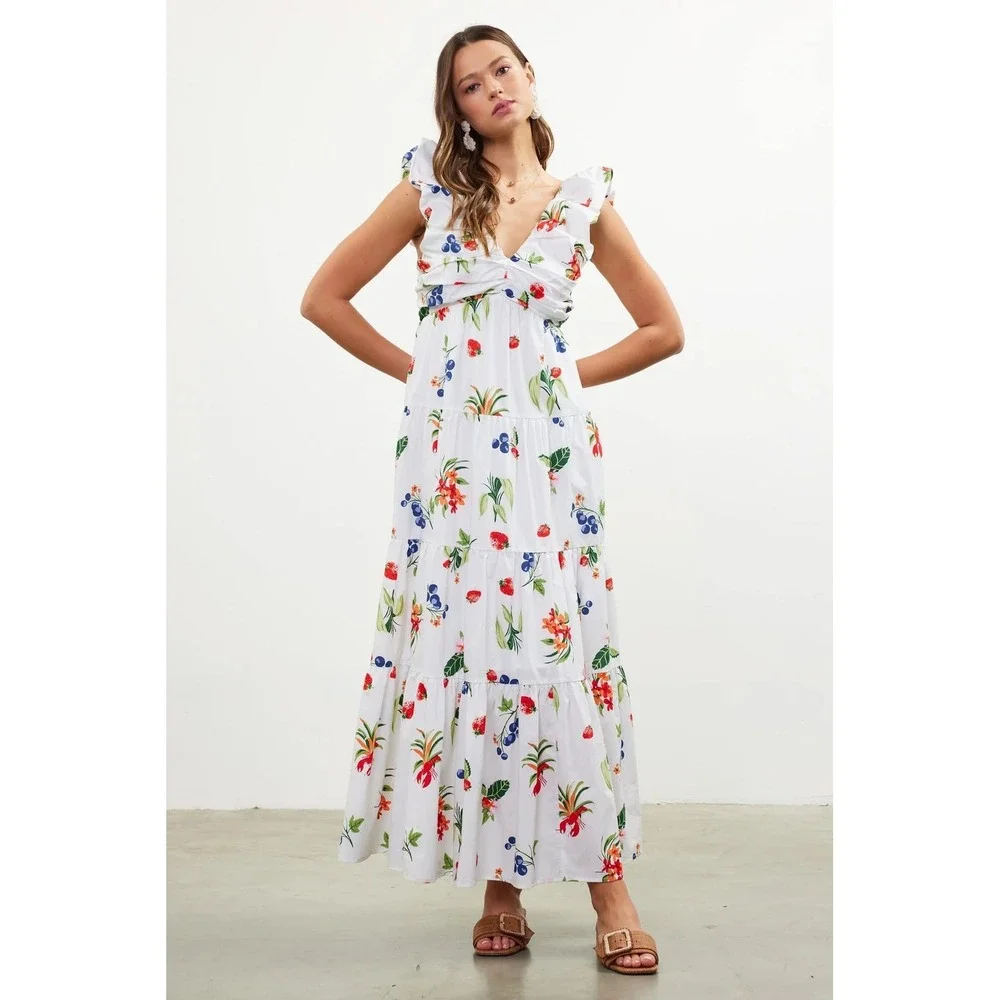 Skies Are Blue Lobster Fruit Floral Maxi Dress Size XS